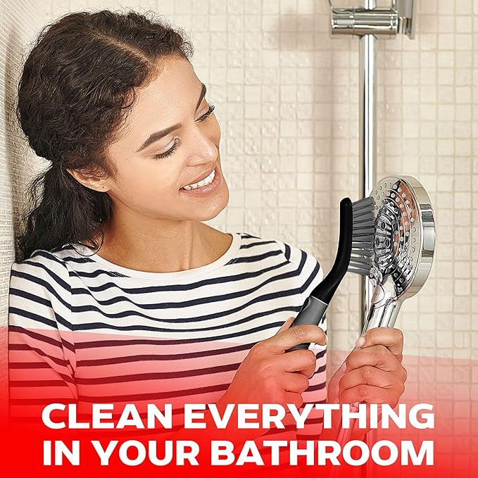 Scrub Brush Set of 6 pcs - Cleaning Shower Scrubbers with Squeegee for Shower Glass and Adhesive Wall Hooks Including Grout Cleaner Brush, Scrub Brushes for Cleaning Bathroom, Shower, Tile, Bathtub