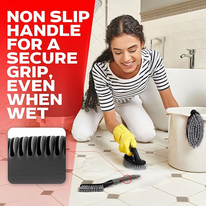 Scrub Brush Set of 6 pcs - Cleaning Shower Scrubbers with Squeegee for Shower Glass and Adhesive Wall Hooks Including Grout Cleaner Brush, Scrub Brushes for Cleaning Bathroom, Shower, Tile, Bathtub