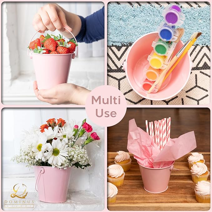 Small Metal Buckets with Handles - Leak-Proof Metal Pail Bucket - Galvanized Bucket with Handle - Multipurpose Tin Bucket for Party Favors, Organization, School, Weddings, Garden - Set of 6, Pink