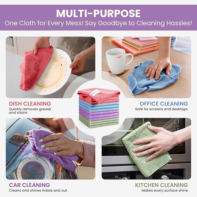 Microfiber Cleaning Cloth, 52 Pack Assorted Color Cleaning Rags for Housekeeping, Colorful Reusable Microfiber Towels for Car, Kitchen, Bathroom and Household Cleaning Supplies, 11.8"X11.8"