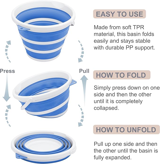 Goderewlid Collapsible Bucket 2.6 Gal/10L, BPA-Free - Space-Saving, Portable Foldable Water Pail for Versatile Use, Home, Outdoors, Car Wash, Camping, Fishing - Blue, Single Pack