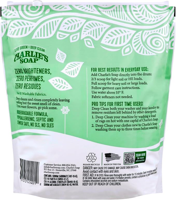 Charlie’s Soap Hypoallergenic Laundry Detergent Powder Baby Gentle 8lb Bag Fragrance Free Plant Based Deep Cleaning – Biodegradable Eco Friendly Sustainable