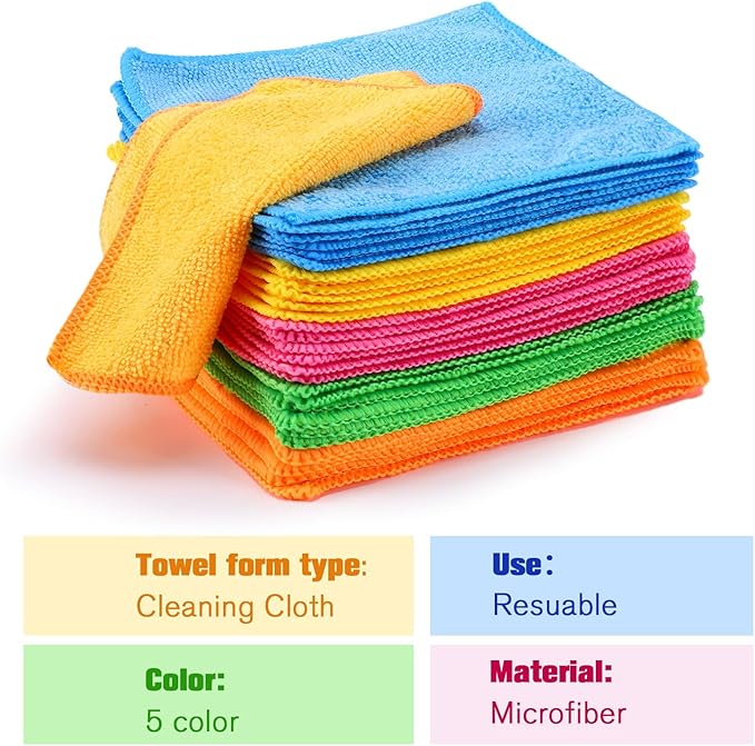 Tanlade Microfiber Cleaning Cloth 6"x6" Cleaning Rags Reasonable Kitchen Towels Microfiber Towels Cars Wash Dry Erase Cloth (Green/Blue/Yellow/Pink/Orange,30 Pcs)