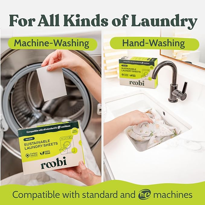 Roobi Laundry Detergent Sheets. Up to 128 Loads, Liquidless Detergent. Carbon Neutral, 100% Vegan & Sustainable Linen Breeze Scent.