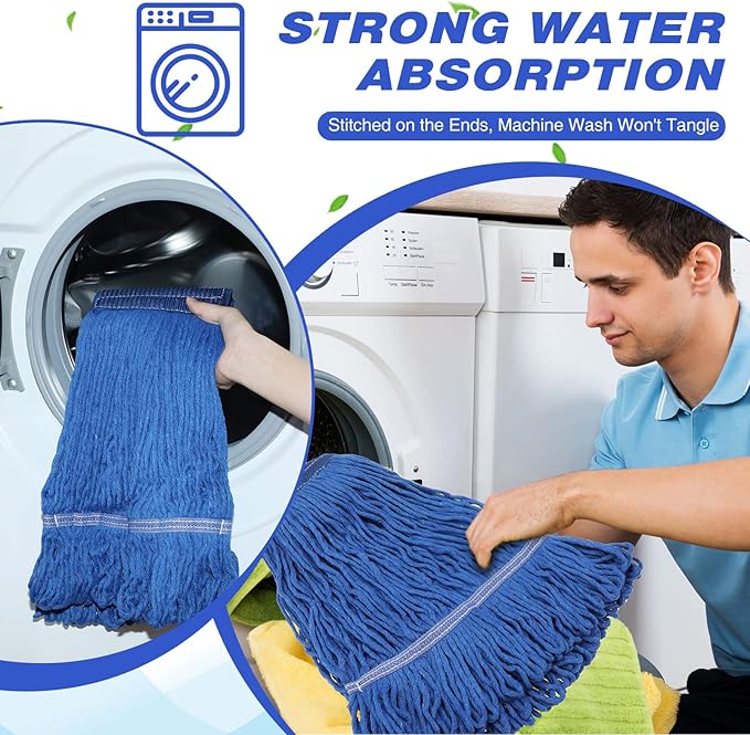 16 Pcs Commercial Mop Head Replacements 27.6 Inch Blue Looped End Heavy Duty Mop Heads Cotton String Industrial Cleaning Washable Mophead Refills for Commercial Industrial Home Cleaning