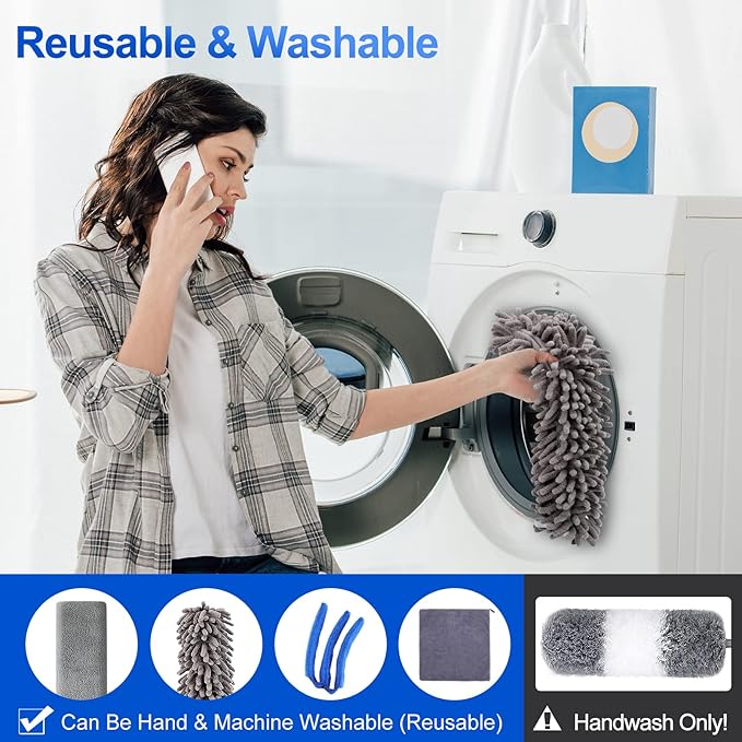 Microfiber Duster Kit (11PCS) - Washable Dusters with Extension Pole (30 to 100 in) for Cleaning Ceilings, Fans, Furniture