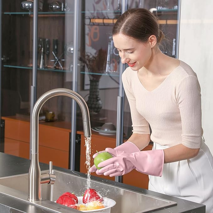 COOLJOB Large Household Rubber Gloves with Cotton Liner & Non-slip Grip, Waterproof Long Lasting Dishwashing Gloves for Kitchen & Bathroom Cleaning, Light Pink, 1 Pair