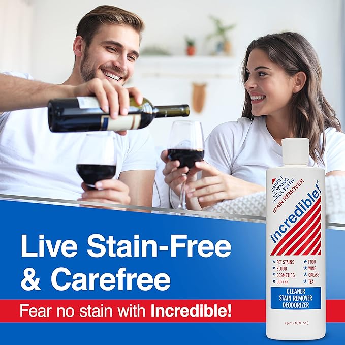 INCREDIBLE! Stain Remover - Commercial Pack Quantity, Professional Stain Cleaner For Carpets, Fabric, Linen, Laundry, Mattress, Car Upholstery – Pet Stains, Urine, Blood, Red Wine, 16.oz, Pack of 6