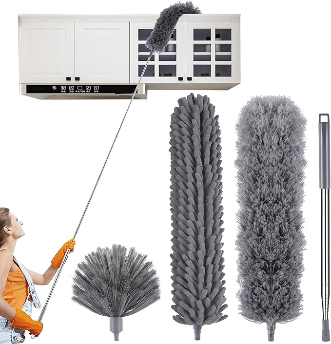 4 Pcs Microfiber Cobweb Duster with 100-inch Extendable Pole, Washable and Reusable Feather Cleaning Duster Kit with 3 Duster Heads,Dusters for Cleaning with Telescopic Pole for High Ceiling Fan