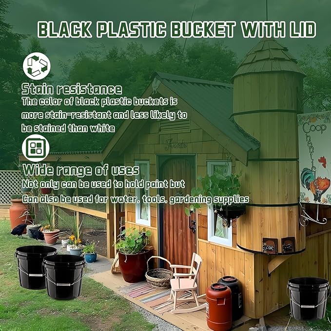 6 Pcs 2 Gallon Black Bucket with Lid and Handle, Large Plastic Storage Paint Pail Brine, Fermenting for Beer, Wine or Any Other Fermented Beverage