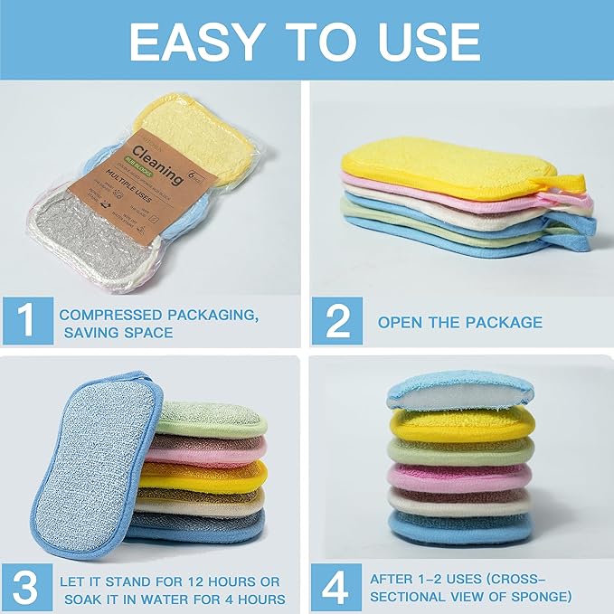 Dish Sponge Kitchen Sponges,Scrub Sponges,Double Sided Cleaning,Non Scratch,Ultra fine Fiber Wiping+Stainless Steel Wire to Remove Stubborn Stains,Durable Thickening (Large 6-Pack)