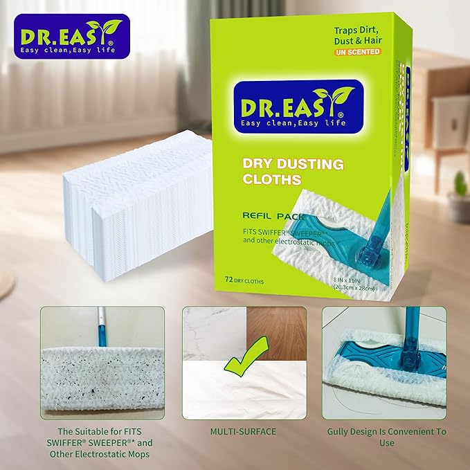 Dr.Easy Dry Sweeping Cloths,72ct Disposable Mopping Pads Refil Pack,fits SWIFFER Sweeper and Other Electrostatic Mop Heads for Floor Mopping and Cleaning.Bigger Size 8x11in,Catch& Lock Dirt & Hair.