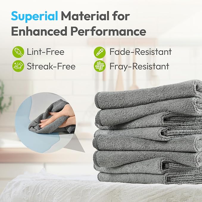 Microfiber Cleaning Cloths 12”x12” 12Pack Grey Lint Free Kitchen Cloths - Extra Thick, Streak-Free, Lint-Free, Fast Absorbent - Reusable Multi-Purpose Housekeeping Rags for Cars, Dishes, Floors, Tiles