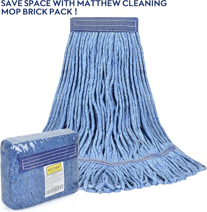 Matthew Cleaning Heavy Duty Mop Head Commercial Replacement for General and Floor Cleaning , Wet Industrial Blue Cotton Looped End String Head Refill (Pack of 3) Blue