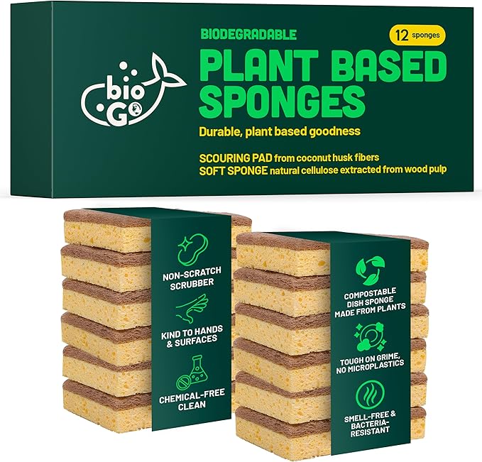 bioGo 12 Pack Biodegradable Kitchen Sponges - Eco-Friendly, Compostable, Natural Cellulose Dish - Compostable - Biodegradable - Cellulose Sponge