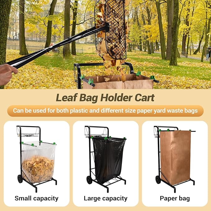 CAROD Mobile Trash Bag Holder with Storage Basket and Ergonomic Handle, Convenient Leaf Bag Cart with Leaves Grabber Rake Combo, Suitable for Leaves, Weeding, Camping, Party