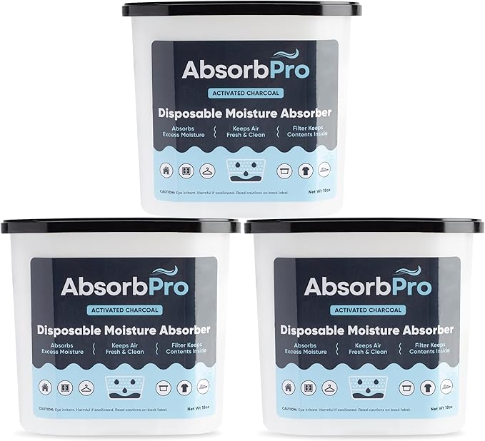 Moisture Absorber Tub with Activated Charcoal - 3-Pack - 18 oz Disposable Odor Eliminator Box & Dehumidifier for Garage, Home, Kitchen, Bedroom, Bathroom, Closet, Cars, and Boats