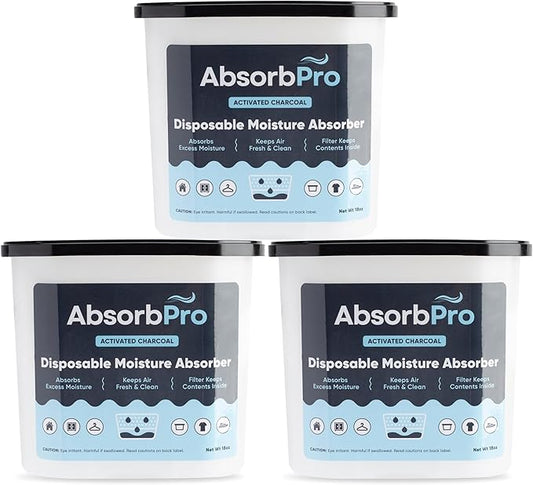 Moisture Absorber Tub with Activated Charcoal - 3-Pack - 18 oz Disposable Odor Eliminator Box & Dehumidifier for Garage, Home, Kitchen, Bedroom, Bathroom, Closet, Cars, and Boats