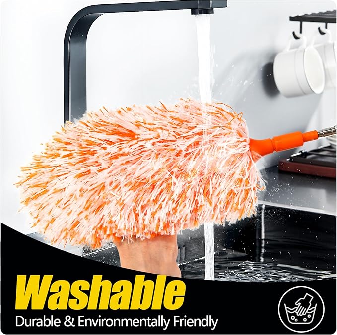 Extendable 20-49inches Microfiber Feather Duster with 3pcs Replaceable Bendable Heads, Extra Long Duster for Cleaning, Electrostatic Dust Remove for Ceiling, Fan, Window, Bookshelves(Orange)