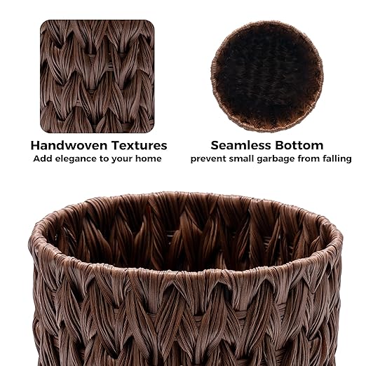 GRANNY SAYS Small Wicker Trash Can, 2 Gallon Bathroom Waste Basket, Small Bathroom Garbage Can, Plastic Trash Basket for Decor, Round Wastebaskets for Office, Bedroom, Cabinet, Brown