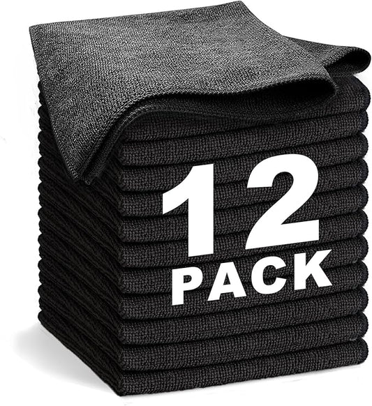 Black Microfiber Cleaning Cloth 13"x13", Ultra Soft Absorbent Microfiber Cleaning Rags for Housekeeping Cleaning Supplies, Lint Free Reusable Cleaning Cloths for House Washable, Pack of 12