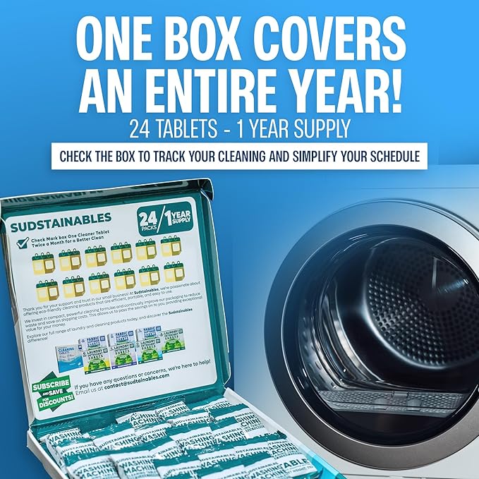 Sudstainables Washing Machine Cleaner Tablets (24-Pack) – Deep Clean Odor & Residue Remover for Front & Top Load Washers, HE & Septic Safe Washing Machine Tub Cleaner for Long-Lasting Freshness