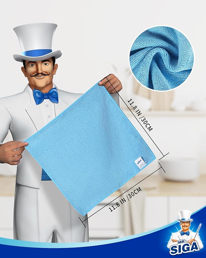 MR.SIGA Microfiber Cleaning Cloth, All-Purpose Microfiber Towels, Streak Free Cleaning Rags, Pack of 15, Sky Blue, Size 30 x 30 cm(11.8 x 11.8 inch)
