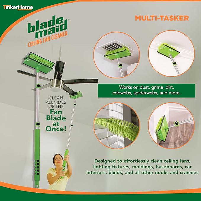 Blade Maid Ceiling Fan Blade Cleaner & Flexible Dusting Brush | Extendable Pole for High Ceilings, Reusable Microfiber Pads, Wall Duster, Removes Cobwebs| Size 3 feet (Pack of 1)