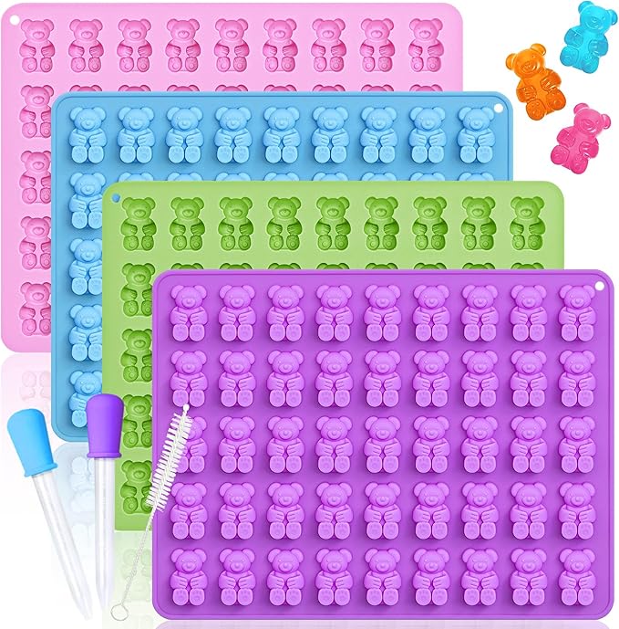 Gummy Bear Silicone Molds 4 PCS, KKDINDAN 2ML Chocolate Gummy Molds with 2 Droppers and 1 Cleaning Brush, BPA Free Food Grade Silicone Molds, Nonstick Candy Molds