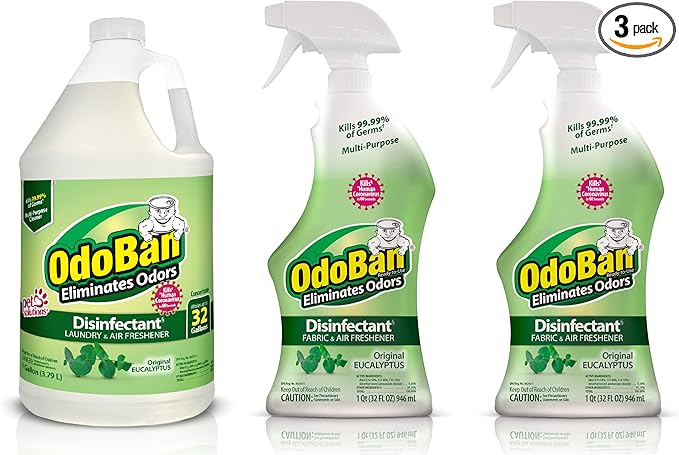 OdoBan Ready-to-Use Disinfectant and Odor Eliminator, Made in the USA, Original Eucalyptus Scent, Set of 3, 2 Spray Bottles, 32 Ounces Each and 1 Gallon Concentrate