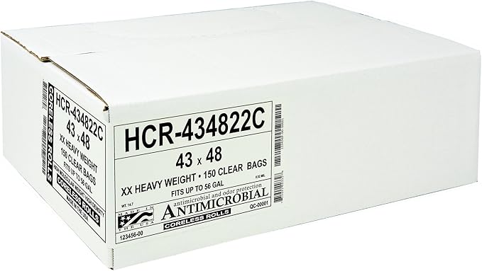 Aluf Plastics High Density Trash Bags, 56 Gallon, 150 Count, 22 Micron (eq), 43" x 48", Clear, for Bathroom, Office, Industrial, Commercial, Janitorial, Municipal, Recycling