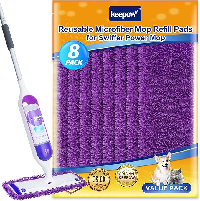 KEEPOW Reusable Power Mop Refills Pads Compatible with Swiffer PowerMop Mop - Power Mop Pads Refill - Washable Microfiber Pads for Multi-Surface Floor Cleaning, 8Pack