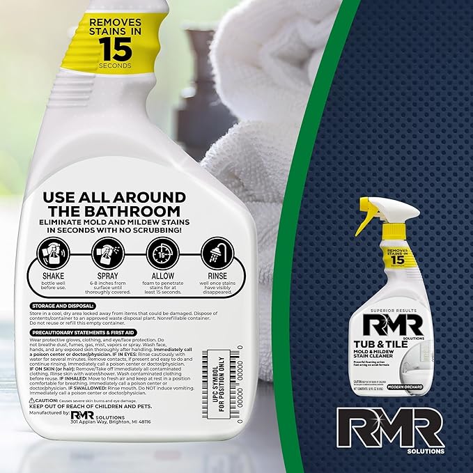RMR - Tub and Tile Cleaner, Mold Stain & Mildew Stain Remover, Industrial-Strength, No-Scrub Cleaner, 32 Fl Oz, 2 Pack