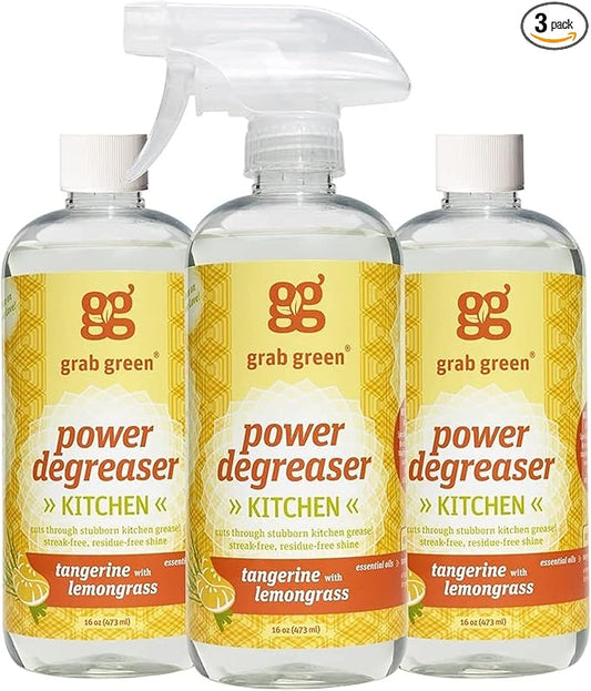 Grab Green Kitchen Power Degreaser, 16 Ounce (Pack of 3), Tangerine Lemongrass Scent, Biodegradable, Plant and Mineral Based, Cuts Through Tough Grease and Grime