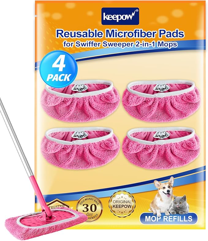 KEEPOW 4 Pack Reusable Mop Pads Compatible with Swiffer Sweeper, Microfiber Washable Pink Swiffer Mop Pads, Dry & Wet Sweeping Mopping Cloths (Pink)