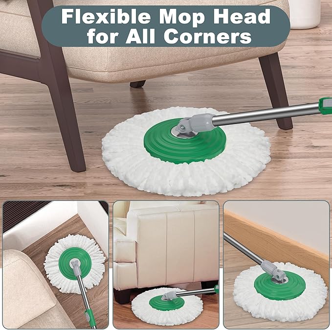 Dual Compartment Spin Mop and Bucket, Mop and Bucket with Wringer Set,360°Rotating Spinning Mopping for Floor Cleaning with 3 Microfiber Replacement Heads, 61" Extended Handle, 2X Wheel - Deep Green