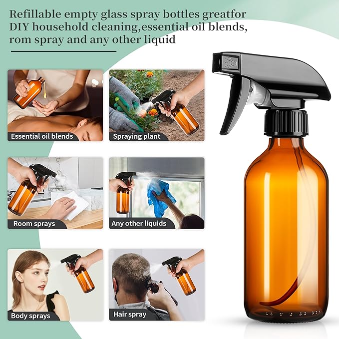 8oz Amber Glass Spray Bottles,6 Pack Glass Spray Bottles Refillable Empty Bottle with Adjustable Nozzle,Spray Bottle for Essential Oils,Cleaning Solutions,Pets,Hair Mister,Gardening