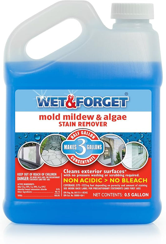 Wet & Forget No Scrub Outdoor Cleaner for Easy Removal of Mold, Mildew and Algae Stains, Bleach-Free Formula, 0.5 Gallon Concentrate - Ships to California Only, 64 Fluid Ounces