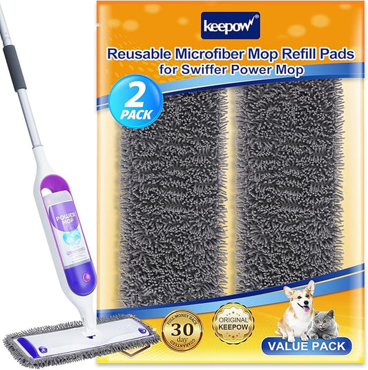 KEEPOW Reusable Microfiber Mop Pads for Swiffer PowerMop 2 Pack, Power Mop Pads Refills for 13 ''-15 '' Spray Mop, Machine Washable Pad Replacement for Multi-Surface Floor Cleaning