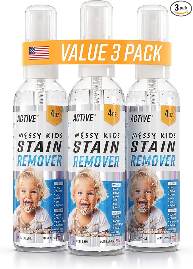 Messy Kids Stain Remover Spray - 3 Pack 4oz Laundry Spot Cleaner, Natural Stain Treater Spray for Baby Clothes, Toddler Clothing, Value-Size Solution for Food, Oil Stains, Great for Travel - 12 oz