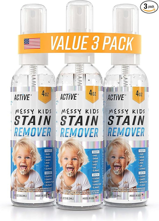 Messy Kids Stain Remover Spray - 3 Pack 4oz Laundry Spot Cleaner, Natural Stain Treater Spray for Baby Clothes, Toddler Clothing, Value-Size Solution for Food, Oil Stains, Great for Travel - 12 oz