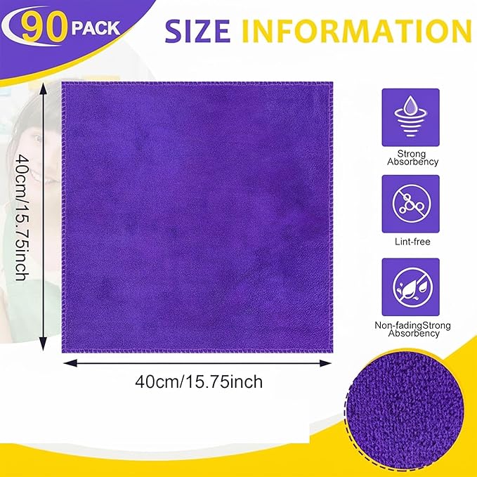 90 Pcs 15.75 Inch Microfiber Cleaning Cloths with 300 GSM Absorbent Fabric for Cars Windows Kitchen Household Surfaces and Drying Towels(Purple)