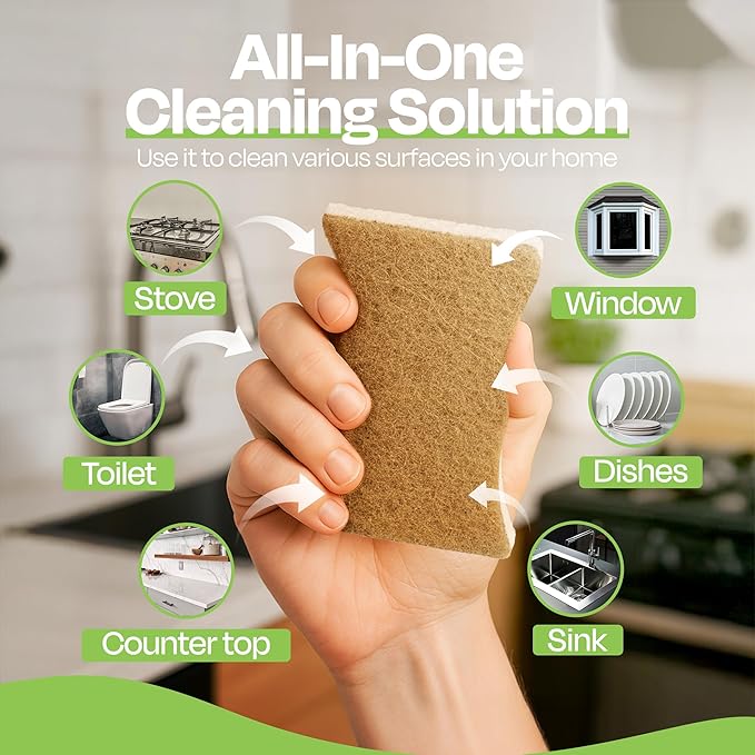 Natural Kitchen Sponges Pack of 12 - Biodegradable Compostable Cellulose & Coconut Scrubber Sponge with Non-Scratch - Long Lasting, Sponges for Dishes, Heavy Duty Dish Scrubber (Rectangular)