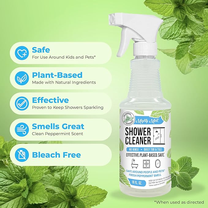Mighty Mint Shower Cleaner, No-Rinse, No-Scrub, Daily Spray for Glass, Tile, Grout, Natural Peppermint Scent, 16oz - 2 Pack