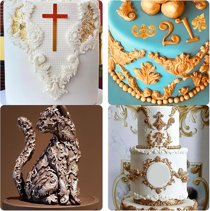 Baroque Silicone Molds for Cake Decorating, 3 Pieces Frame Vintage Relief Relief Fondant Molds for Flower European Style Cupcake Toppers Chocolate Candy