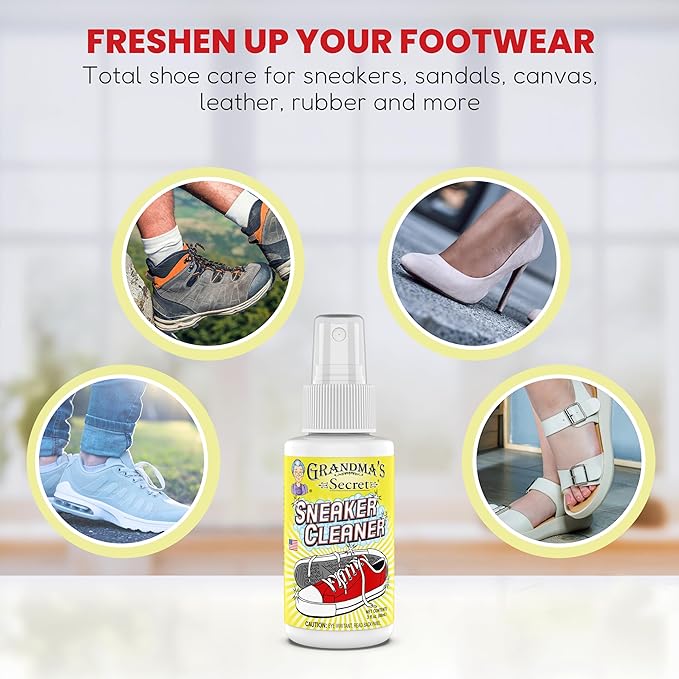 Grandma's Secret Sneaker Cleaner - for Rubber, Canvas, Leather, Stain Remover Spray Removes Dirt, Grime, Grass - Cleaner for Outdoor Shoes, Slippers, Moccasins - 16oz & 3oz Combo