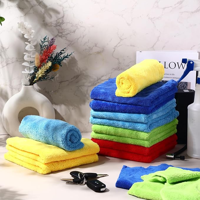 Shimeyao 30 Pcs Edgeless Microfiber Plush Towels for Cars Detailing Drying Wash Polishing Absorbent Cleaning Cloths, 500 GSM, 16 x 16 Inch(16 x 16 Inch,Multicolor,30 Pcs)