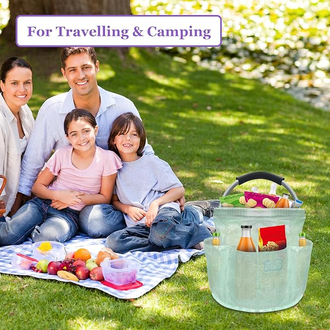 17L Cleaning Caddy for Cleaning Supplies, Foldable Tool Bucket Organizer with 6 Side Pockets, Portable Garden Tool Bag in PVC Resin, Folding Storage Basket for Camping, Gardening, Green