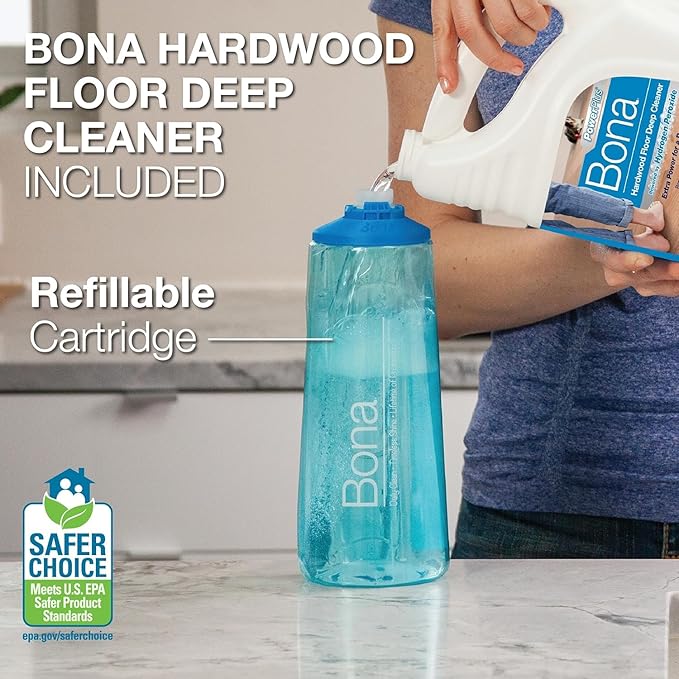 Bona PowerPlus Premium Motion Spray Mop for Hardwood Floors - Includes PowerPlus Hardwood Floor Cleaning Solution and PowerPlus Microfiber Cleaning Pad - Vibrating Spray Mop for Wood Floors