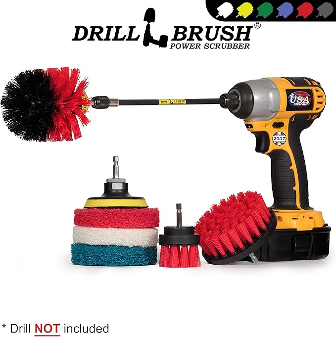 Drillbrush - Rotary Drill Brush Cordless Scrubber - Deck Scrub Brush Kit - Concrete, Marble, Brick, Stone, Ceramic Tile Cleaner Brushes - Bathroom Power Scrubbing Pads - Glass Shower Door Cleaner